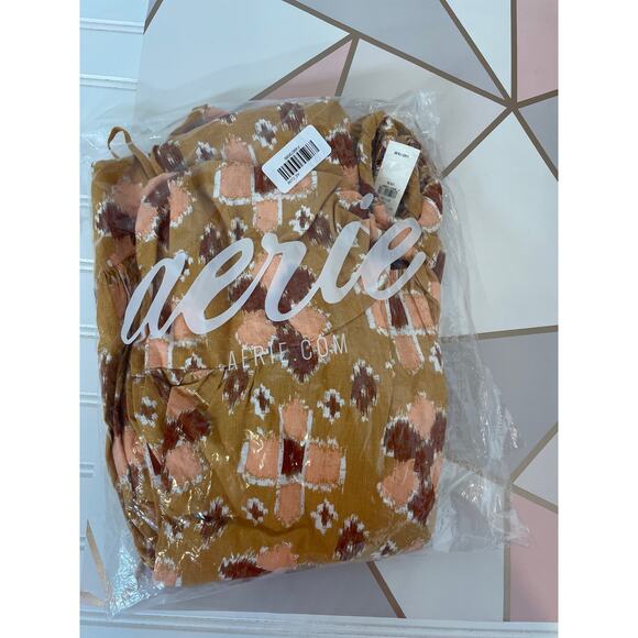 NWT Aerie High Low Halter Maxi Sundress Mustard Yellow Batik Linen Size XL - Picture 5 of 5